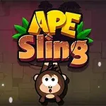 Napis APE Sling z małpą zwisającą poniżej na tle ciemnobrązowej ściany z liśćmi