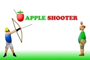 Postać z łukiem celująca do jabłka na głowie innej osoby, z napisem APPLE SHOOTER