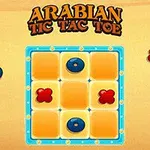 Plansza do gry w kółko i krzyżyk z niebieskimi kółkami i czerwonymi krzyżykami na pomarańczowym tle i z tytułem Arabian Tic Tac Toe na górze