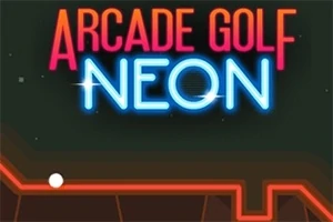 Napis „Arcade Golf Neon” w neonowych kolorach, piłka golfowa na trasie z czerwonym neonowym obramowaniem