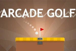Napis ARCADE GOLF z grafiką dołka golfowego z chorągiewką i piłką do golfa na tle w brązowej tonacji