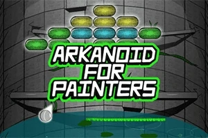 Kolorowe bloki ułożone w rzędzie na szarym tle, z napisem Arkanoid for Painters