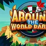 Logo z napisem Around the World Darts na tle tarczy do darta, z elementami roślinnymi i zabytkowymi budowlami w tle