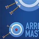 Niebieski cel z białymi okręgami, wokół którego widać wbite strzały, oraz napis Arrow Master
