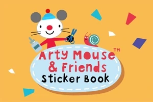 Myszka w czapce trzyma klej i nożyczki, obok widoczny napis Arty Mouse & Friends Sticker Book na jasnym tle z kolorowymi trójkątami