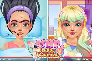 Dwie postacie z kreskówki, jedna z trądzikiem otrzymująca zabieg kosmetyczny, a druga z makijażem i włosami udekorowanymi perłami, na kolorowym tle z napisem ASMR Beauty Treatment