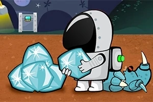 Kosmonauta trzymający duży, błyszczący kryształ obok pokonanego kosmicznego stwora na obcej planecie