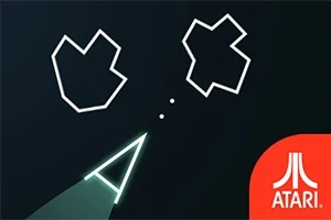 Dwukształtne figury geometryczne i trójkątny obiekt na czarnym tle z logo Atari w prawym dolnym rogu