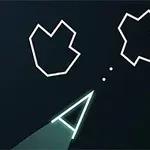 Dwukształtne figury geometryczne i trójkątny obiekt na czarnym tle z logo Atari w prawym dolnym rogu