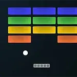 Czarne tło z kolorowymi prostokątami w rzędach, białą piłką, odbijającą się od prostokąta na dole i logo Atari w prawym dolnym rogu