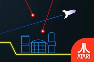 Grafika przedstawia schematyczny rysunek statku kosmicznego, lecącego nad strukturami miejskimi, z czerwonymi liniami oraz logo Atari w prawym dolnym rogu