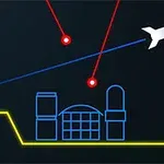 Grafika przedstawia schematyczny rysunek statku kosmicznego, lecącego nad strukturami miejskimi, z czerwonymi liniami oraz logo Atari w prawym dolnym rogu