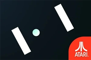 Czarne tło z dwiema białymi pionowymi kreskami i białą kropką pośrodku, w rogu czerwone logo Atari