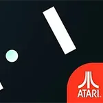 Czarne tło z dwiema białymi pionowymi kreskami i białą kropką pośrodku, w rogu czerwone logo Atari
