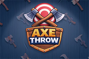 Logo z napisem „AXE THROW, skrzyżowanymi siekierami i tarczą strzelniczą na ciemnoniebieskim tle