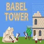 Wieża w trakcie budowy z widocznymi postaciami z kilofami, drzewem, dźwigiem oraz napisami Babel Tower na niebieskim tle