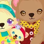 Kreskówkowe misie w kolorowych ubraniach, trzymające małego misia z czapką