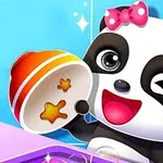Uśmiechnięta panda z różową kokardką trzymająca miseczkę, na niebieskim tle z bąbelkami i gwiazdkami