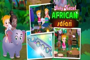 Dzieci jadące na słoniu oraz scenki z afrykańskiego safari, z kolorowym logo u góry