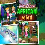 Dzieci jadące na słoniu oraz scenki z afrykańskiego safari, z kolorowym logo u góry
