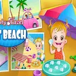 Dziecko pod parasolem plażowym przy stole z muszlami, kolorowe wakacyjne scenerie w tle
