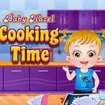 Dziewczynka z blond włosami stoi w kuchni z fioletowymi szafkami, obok napis Cooking Time