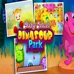 Dziewczynka stojąca obok różowego dinozaura na tle z kolorowymi ilustracjami i napisem Baby Hazel Dinosaur Park