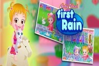 Ciesz się pierwszym deszczem Baby Hazel z jej przyjacielem i zajączkiem Bunny