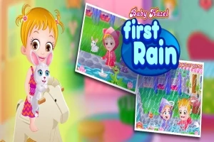 Dziecko siedzące na koniku na biegunach z królikiem pluszakiem, obok dwa małe zdjęcia przedstawiające dzieci bawiące się w deszczu oraz napis first Rain