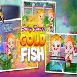 Dziewczynka z blond włosami trzymająca aparat z trzema obrazkami w tle przedstawiającymi codzienne czynności związane z rybkami akwariowymi