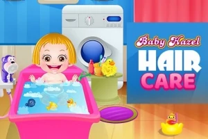 Dziecko w różowej wannie z zabawkami kąpielowymi, pralka w tle, kolorowe ściany i napis Baby Hazel Hair Care
