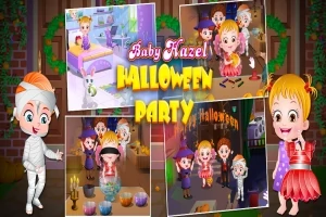 Kilka kolorowych ilustracji przedstawiających dzieci w strojach na Halloween, bawiące się podczas imprezy, z jednym dzieckiem przebranym za mumię
