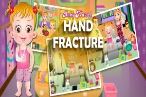Dziewczynka z opatrunkiem na ręce, tło z kolorowymi grafikami i napisem „HAND FRACTURE”