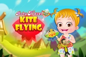 Dziewczynka z blond włosami trzyma latawiec na tle kolorowego krajobrazu z napisem Kite Flying