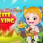 Dziewczynka z blond włosami trzyma latawiec na tle kolorowego krajobrazu z napisem Kite Flying