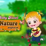 Dwie postacie, dziewczynka i kobieta z aparatami, na tle zielonego krajobrazu z napisem Nature Explorer