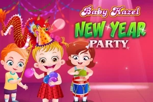 Trójka dzieci bawiących się na noworocznym przyjęciu, jedno z nich trzyma balony, drugie uśmiecha się z bębnem, a w tle znajduje się kolorowa dekoracja smoka