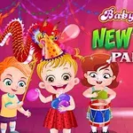 Trójka dzieci bawiących się na noworocznym przyjęciu, jedno z nich trzyma balony, drugie uśmiecha się z bębnem, a w tle znajduje się kolorowa dekoracja smoka