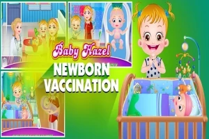 Dziecko w białej wannie, obok łóżeczka, otoczone kolorowymi obrazkami i tekstem Baby Hazel Newborn Vaccination na zielonym tle