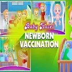 Dziecko w białej wannie, obok łóżeczka, otoczone kolorowymi obrazkami i tekstem Baby Hazel Newborn Vaccination na zielonym tle