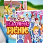 Rysunkowa postać dziewczynki w szkolnym mundurku z napisem Preschool Picnic oraz sceny z przedszkolakami w autobusie i budynku