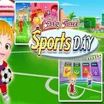 Dzieci na boisku sportowym z piłką do piłki nożnej i napis Sports Day