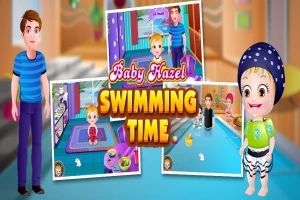 Dziecko w kostiumie kąpielowym obok basenu z napisem Baby Hazel Swimming Time