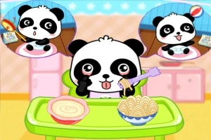Panda w kuchni przygotowuje posiłek, z widocznymi talerzami i ilustrowanymi instrukcjami w dymkach