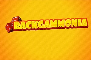 Czerwone kostki do gry i napis BACKGAMMONIA na żółtym tle