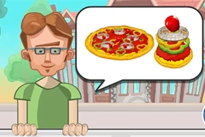 Mężczyzna w okularach stoi przed budynkiem i myśli o pizzy oraz burgerze, co jest zobrazowane w chmurce nad jego głową