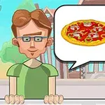 Mężczyzna w okularach stoi przed budynkiem i myśli o pizzy oraz burgerze, co jest zobrazowane w chmurce nad jego głową
