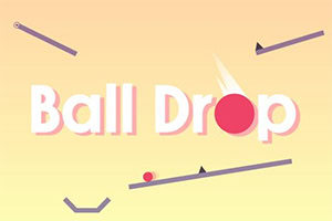Grafika z napisem Ball Drop na pomarańczowym tle z różową piłką oraz szarymi liniami i trójkątami