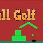 Napis Ball Golf na czerwonym tle z prostymi kształtami geometrycznymi i flagą do golfa na zielonej platformie
