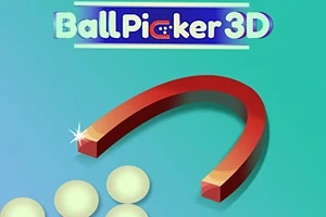 Czerwony magnes w kształcie podkowy przyciąga białe kulki na zielonym tle, z napisem Ball Picker 3D na górze